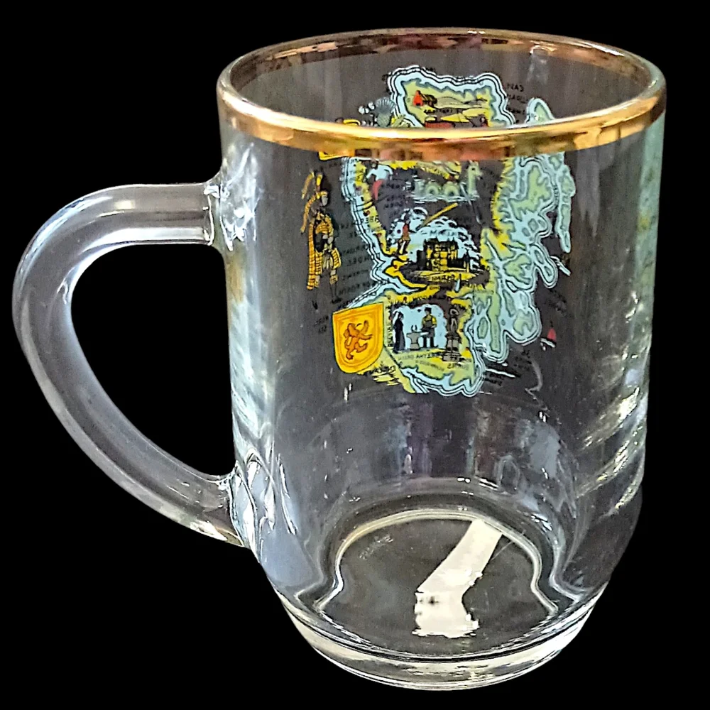 Vtg Scotland Souvenir Glass Mug Cup Gold Trim Transfer Ware‎ Map Highland Arts